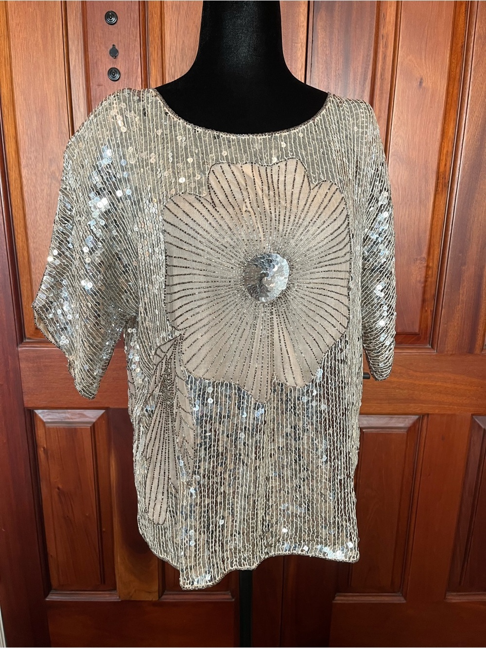 Joseph Le Bon Silver & Beige Sequin Beaded Silk Scoop Top Blouse Disco L